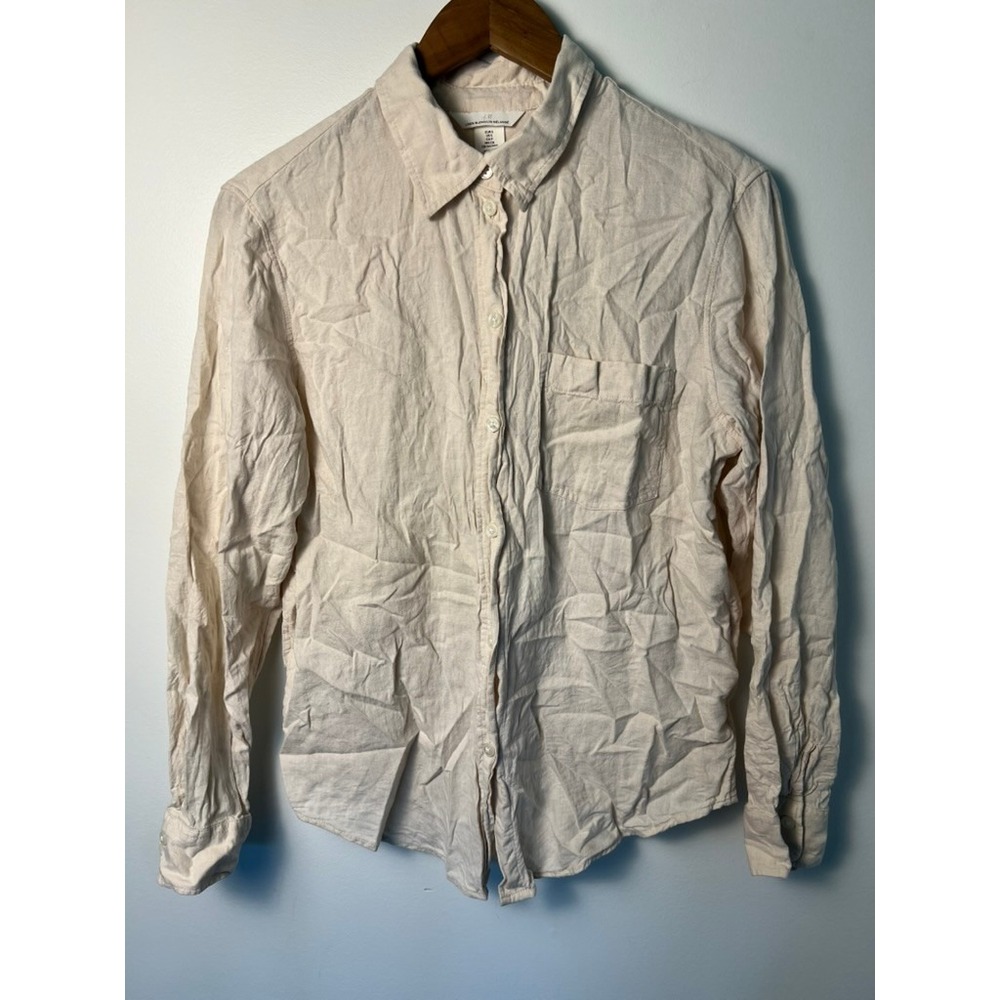 H&M Button Down Shirt Wm Sm Beige Linen Blend Melange Long Sleeve Pocket‎ Lagen